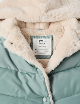 Chaqueta acolchada con capucha y forro de pelo para bebé niña, verde