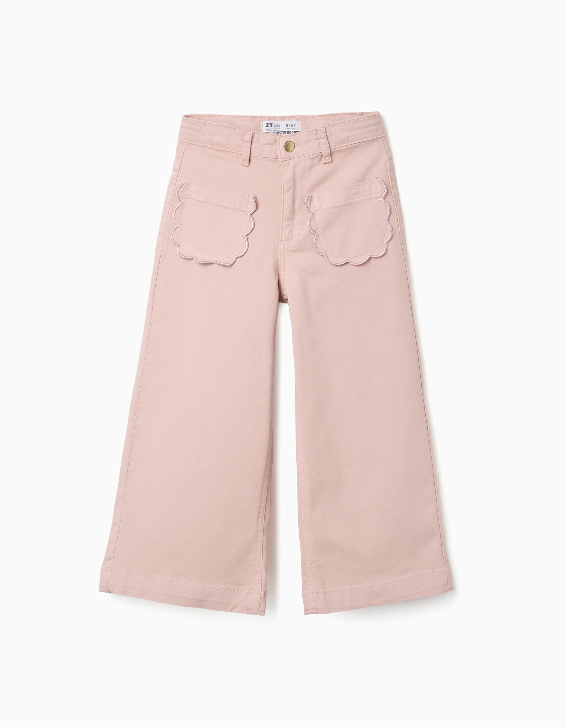 Calças wide leg  de sarja com bolsos frontais para menina, rosa-claro