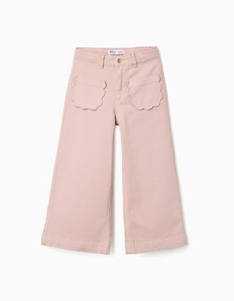 Calças wide leg  de sarja com bolsos frontais para menina, rosa-claro