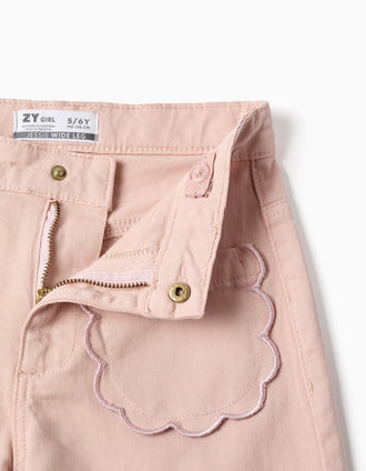 Calças wide leg  de sarja com bolsos frontais para menina, rosa-claro