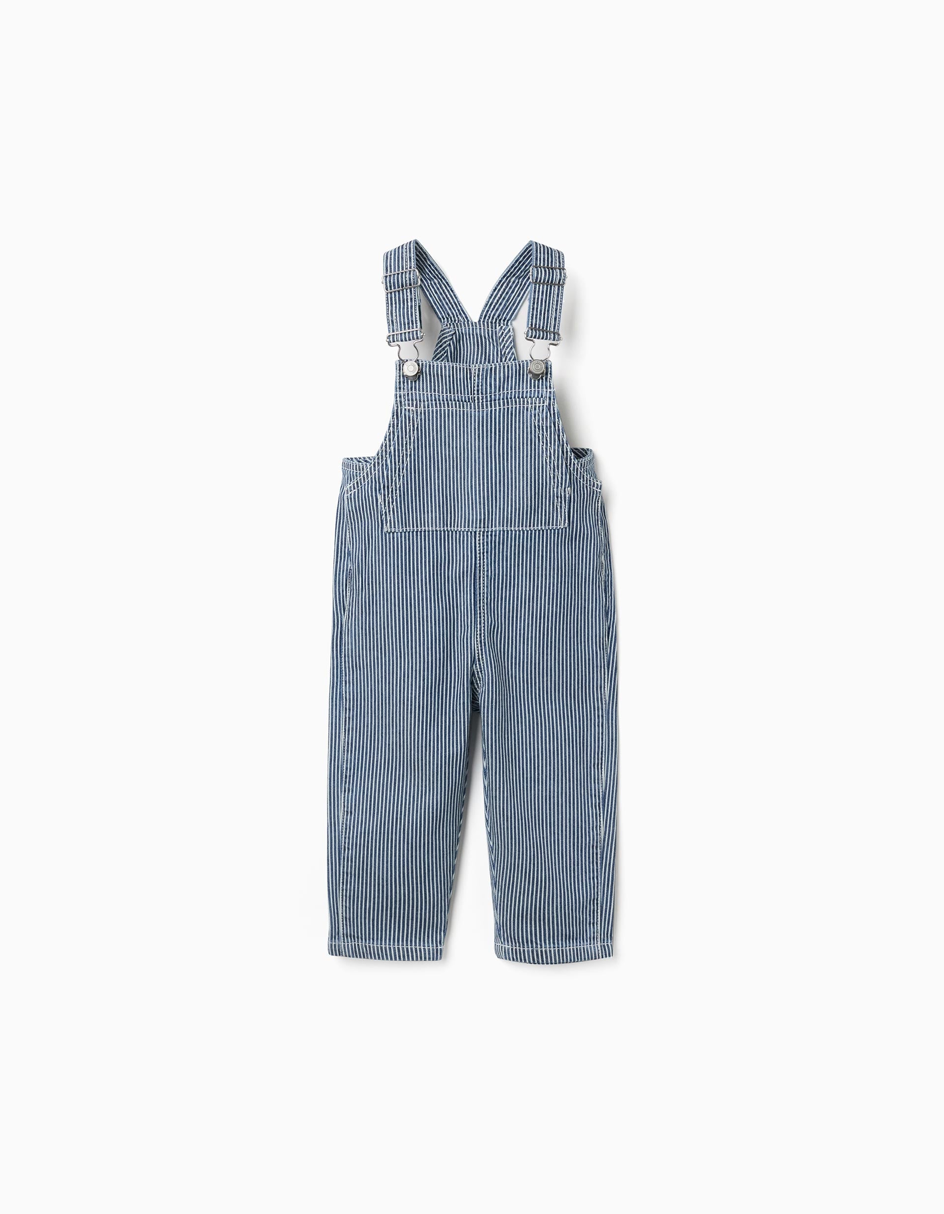 Jardineiras de ganga às riscas com bolsos para bebé, azul/branco