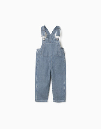 Jardineiras de ganga às riscas com bolsos para bebé, azul/branco