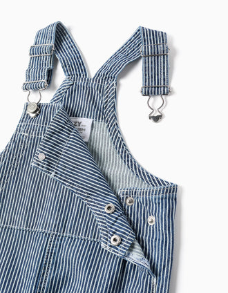 Jardineiras de ganga às riscas com bolsos para bebé, azul/branco