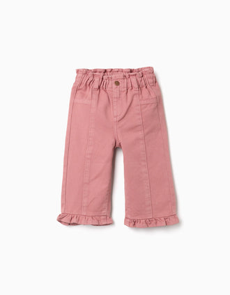 Pantalón de pierna ancha de sarga con volantes para bebé niña, rosa