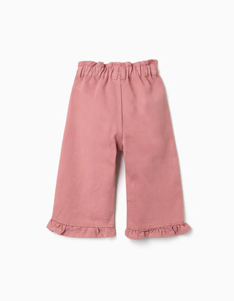 Pantalón de pierna ancha de sarga con volantes para bebé niña, rosa