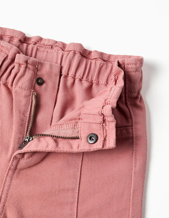 Pantalón de pierna ancha de sarga con volantes para bebé niña, rosa
