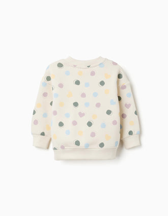 Sweat cardada com padrão de corações e bolinhas para bebé menina, branco