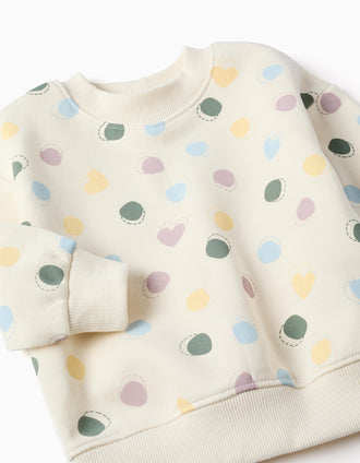Sweat cardada com padrão de corações e bolinhas para bebé menina, branco