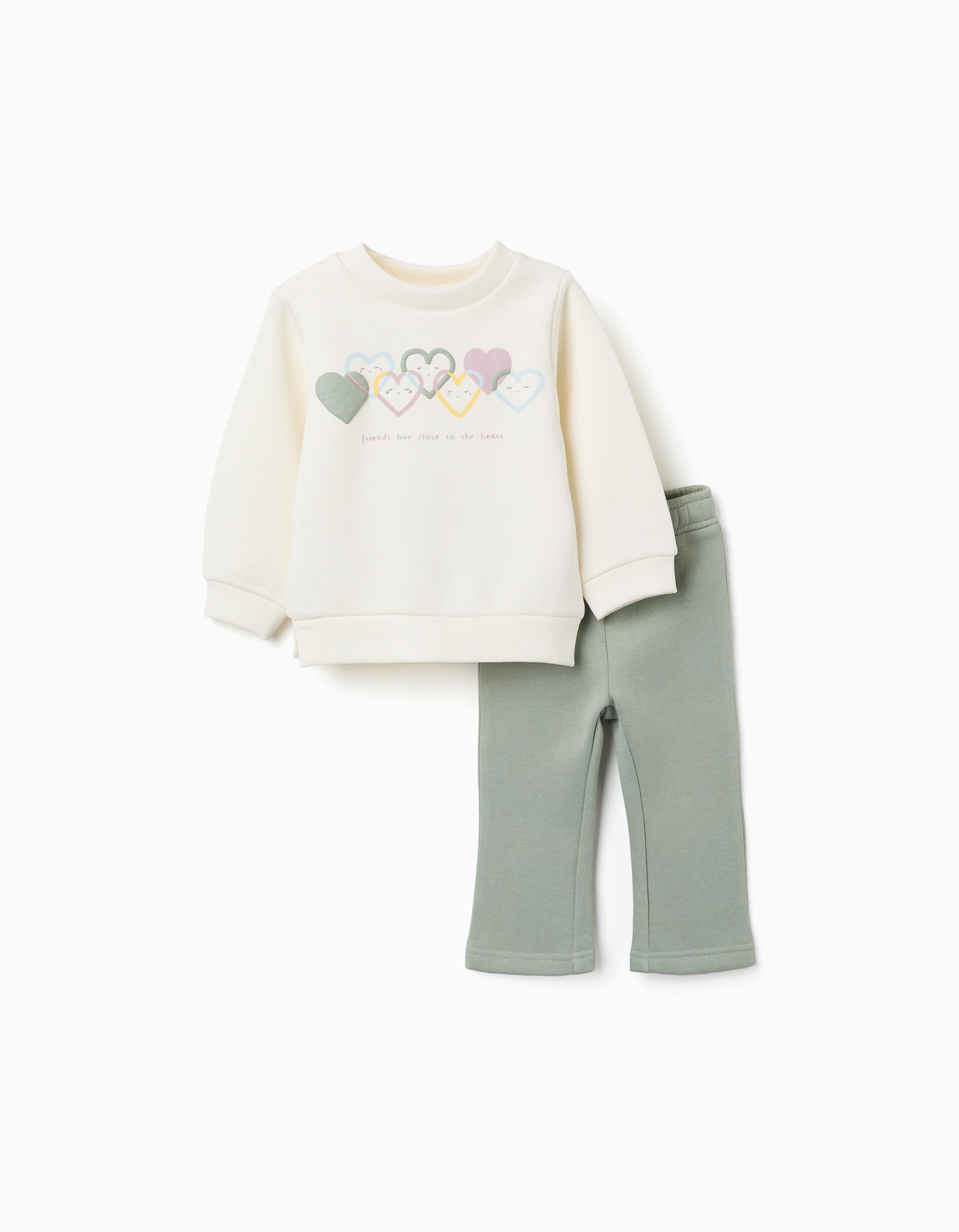 Brushed jogging set with heart print for baby girls, white/light green