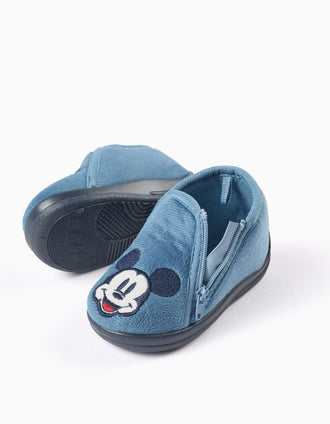 Chaussons en velours avec broderie Mickey pour bébé et garçon, bleu