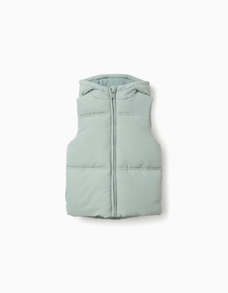 Hooded quilted vest with polar fleece lining for girls, light green