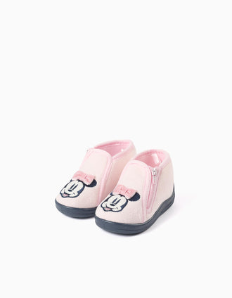 Chaussons en velours avec broderie Minnie pour bébé et fille, rose