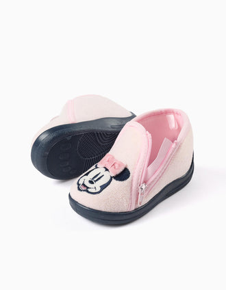 Chaussons en velours avec broderie Minnie pour bébé et fille, rose