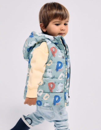 Hooded puffer vest with printed letters for baby boys, light green
