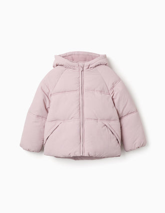 Hooded puffer jacket with polar fleece lining for girls, light purple