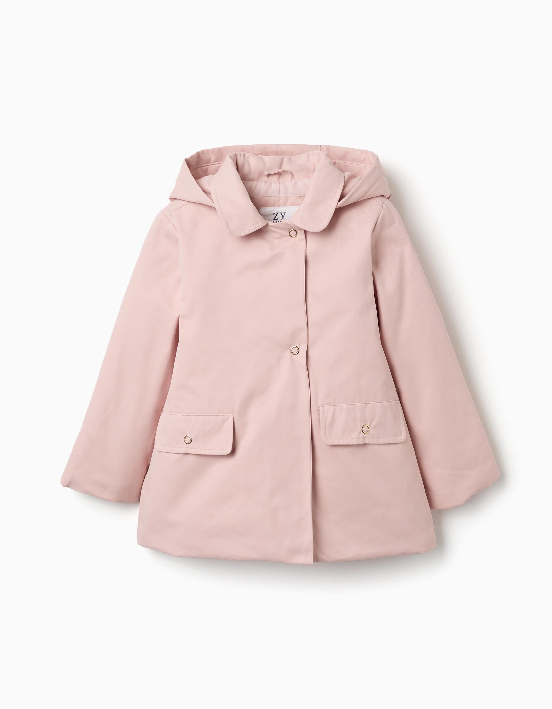 Parka acolchoada com capuz amovível e bolsos para menina, rosa-claro