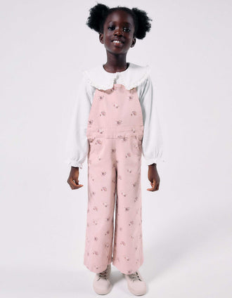 Wide leg twill dungarees with floral pattern for girls, light pink