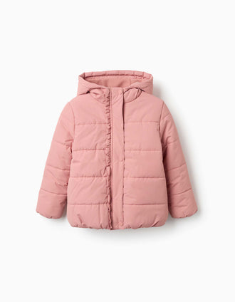 Hooded puffer jacket with polar fleece lining for girls, pink