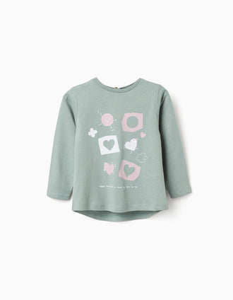 T-shirt de manga comprida com corações para bebé menina, verde-claro