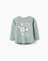 Long sleeve cotton T-shirt with hearts for baby girls, light green