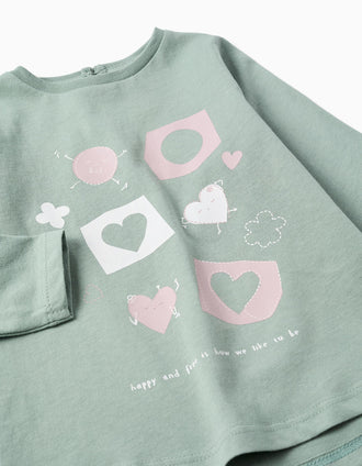 T-shirt de manga comprida com corações para bebé menina, verde-claro