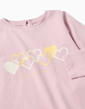 T-shirt de manga comprida com corações para bebé menina, lilás