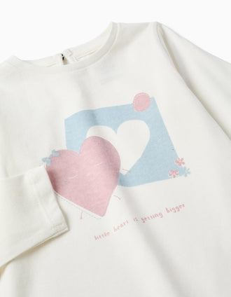 T-shirt de manga comprida com corações para bebé menina, branco