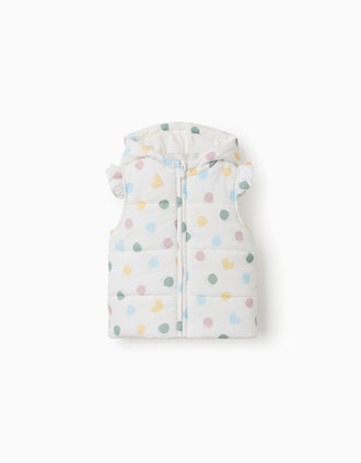 Doudoune sans manches à capuche et à pois pour bébé fille, blanc