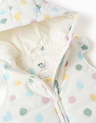 Doudoune sans manches à capuche et à pois pour bébé fille, blanc