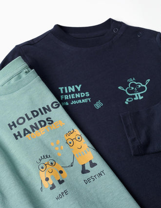 2 T-shirts de manga comprida estampadas para bebé menino, multicolor