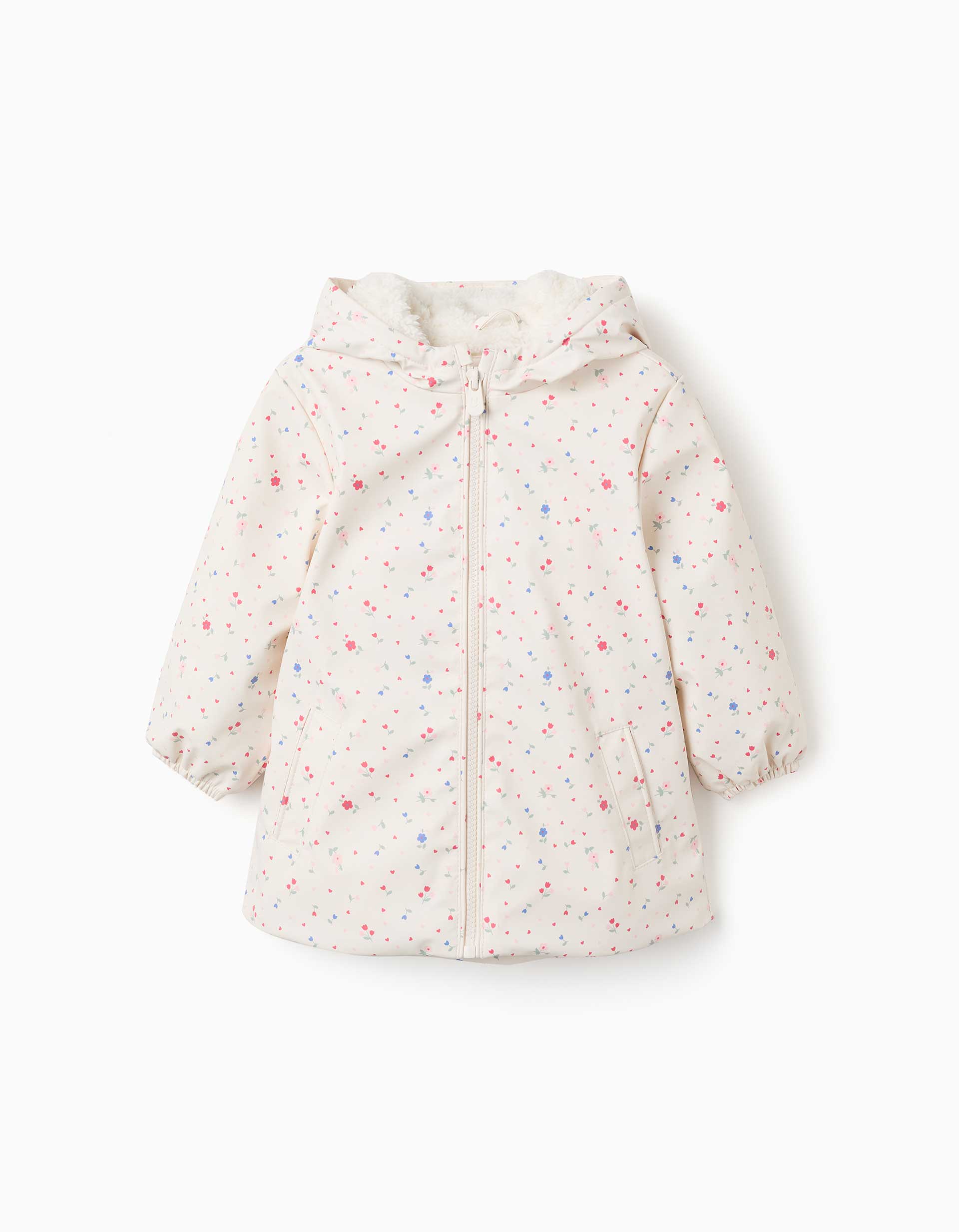 Parka con capucha con forro en sherpa y flores para bebé niña, blanco