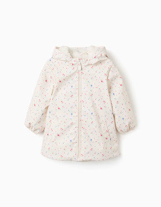 Parka con capucha con forro en sherpa y flores para bebé niña, blanco