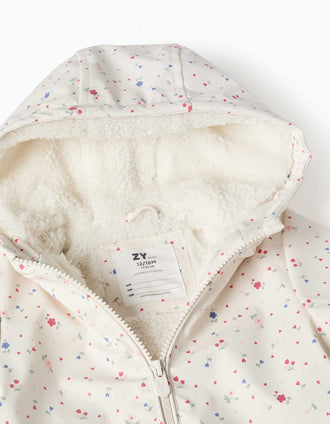 Parka con capucha con forro en sherpa y flores para bebé niña, blanco