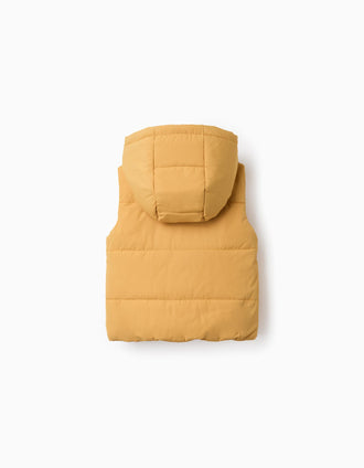 Hooded puffer vest with front zip for babies, mustard yellow