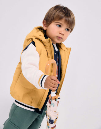 Hooded puffer vest with front zip for babies, mustard yellow