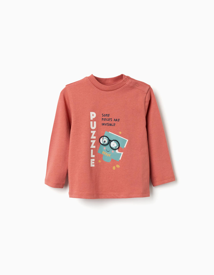 Long sleeve cotton T-shirt with Puzzle print for baby boys, terracotta