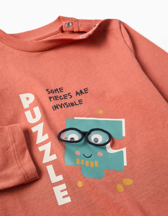 T-shirt de manga comprida com estampado Puzzle para bebé menino, terracota