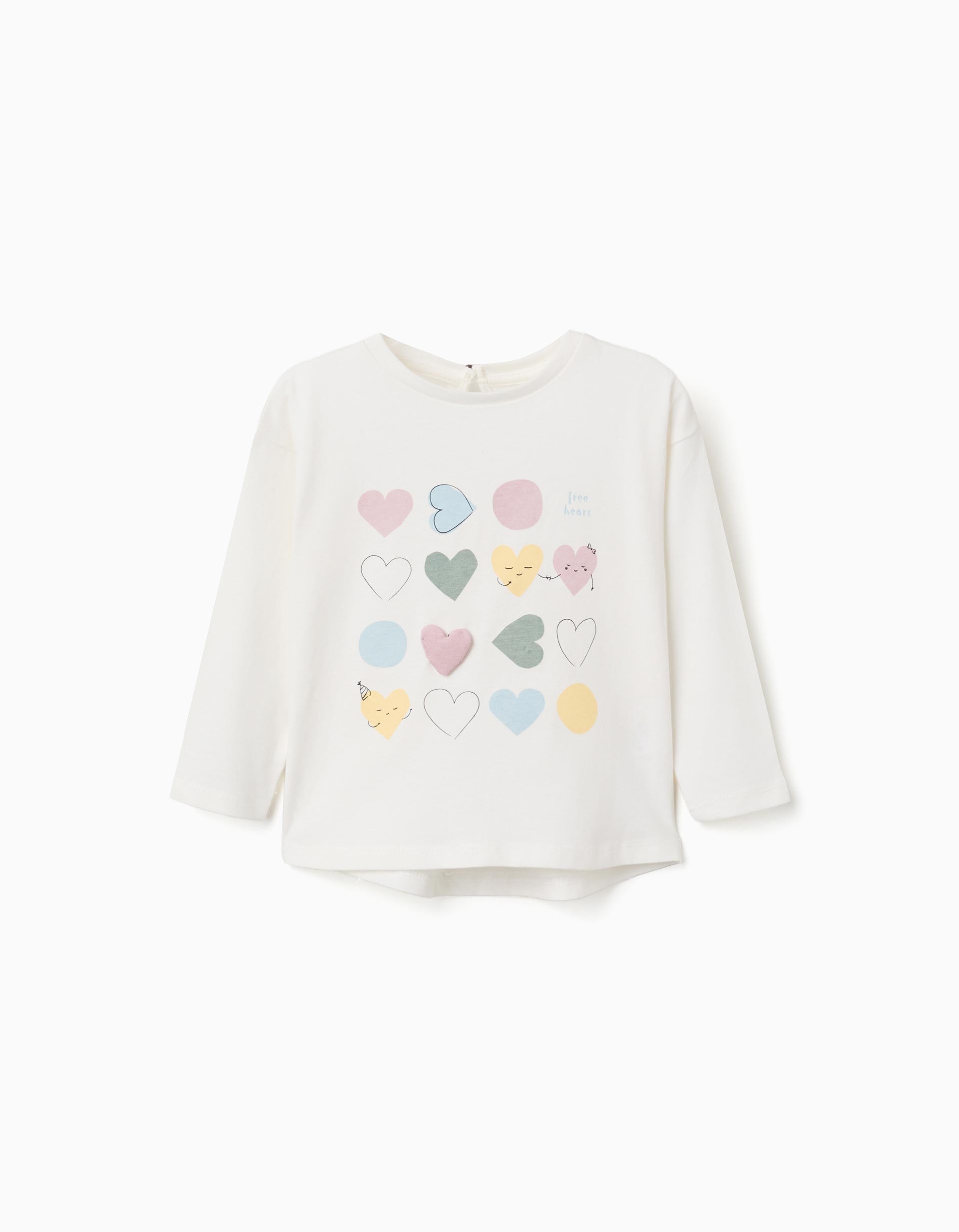 T-shirt de manga comprida com corações estampados para bebé menina, branco
