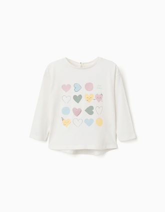 T-shirt de manga comprida com corações estampados para bebé menina, branco