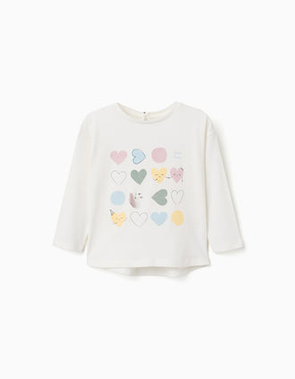 T-shirt de manga comprida com corações estampados para bebé menina, branco