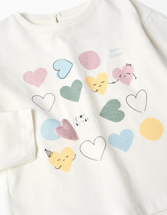 T-shirt de manga comprida com corações estampados para bebé menina, branco