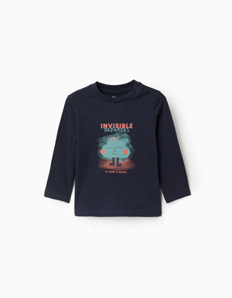 Long sleeve T-shirt with Dreamers print for baby boys, navy blue