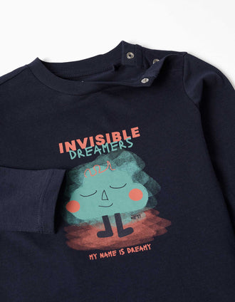 Long sleeve T-shirt with Dreamers print for baby boys, navy blue