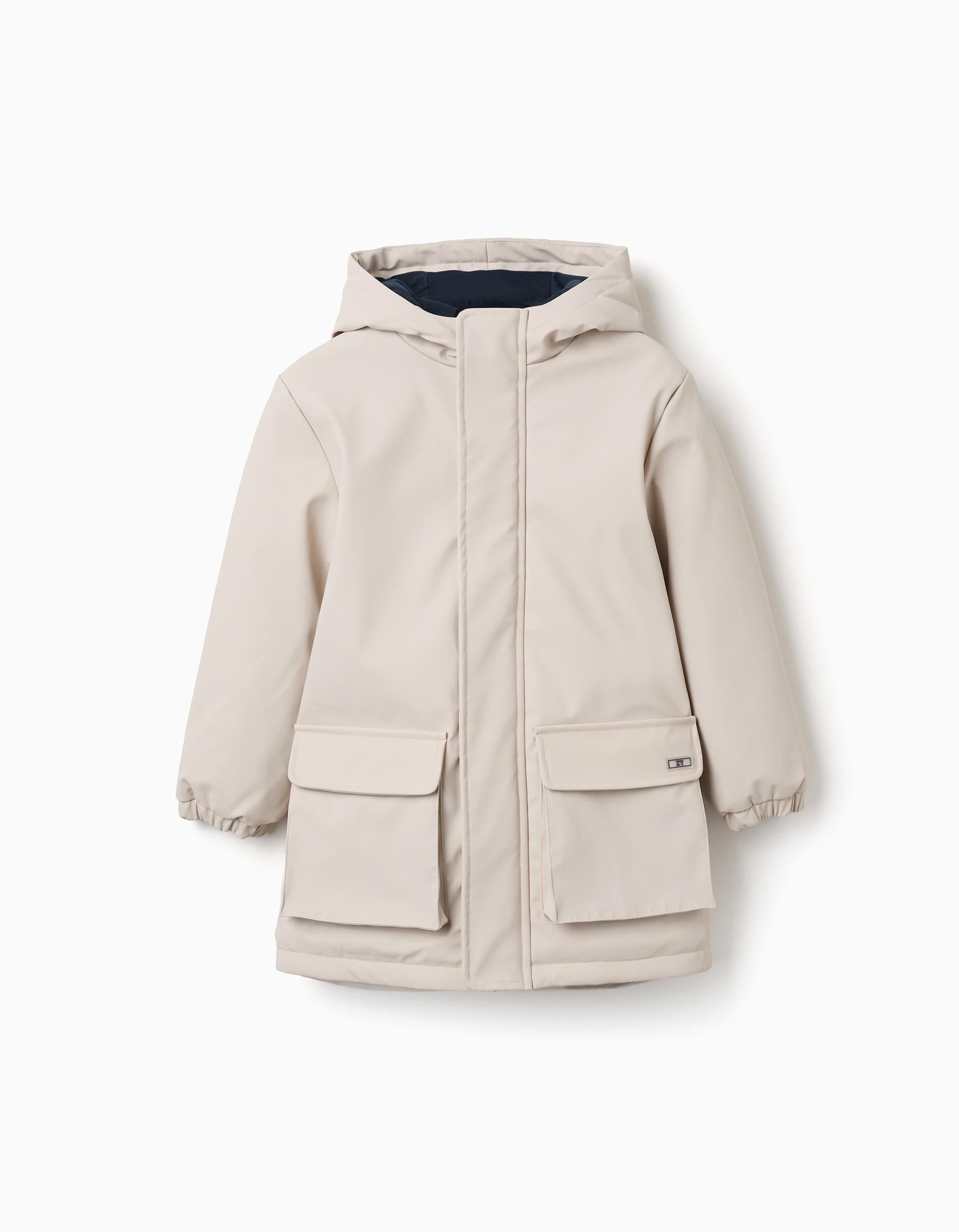 Parka acolchoada com capuz e bolsos frontais para menino, bege-claro