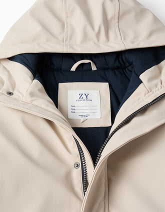 Parka acolchoada com capuz e bolsos frontais para menino, bege-claro