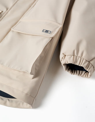Parka acolchoada com capuz e bolsos frontais para menino, bege-claro