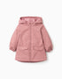 Parka de borracha acolchoada com capuz e bolsos para bebé menina, rosa