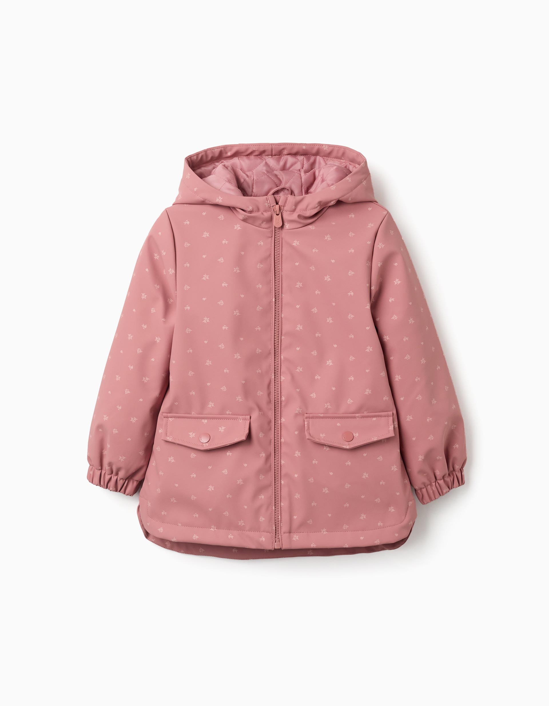 Parka de borracha acolchoada com capuz e flores para menina, rosa