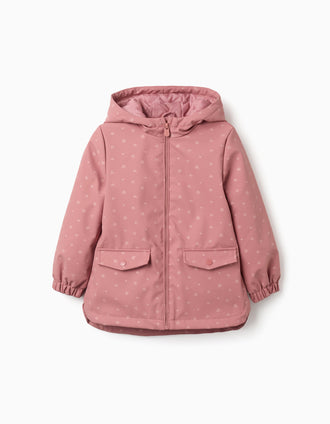 Parka de borracha acolchoada com capuz e flores para menina, rosa