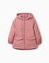 Padded rubber parka with hood and floral print for girls, pink